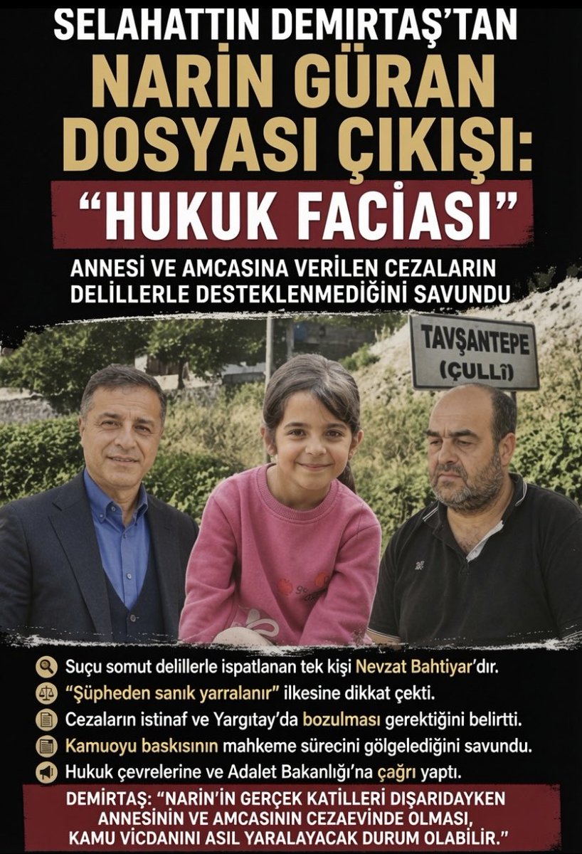 Demirtas_neferi's tweet photo. Selahattin Demirbaş’tan Narin Güran dosyasına tepkisi: “TAM BİR HUKUK FACiASI”

Demirtaş, X hesabında dava dosyasını hukukçu gözüyle incelediğini, Arif Güran ile görüştüğünü ve annesi ile amcasının cezalandırılmasının ağır hukuki hata olduğunu belirtti. https://t.co/HZaInANaKF