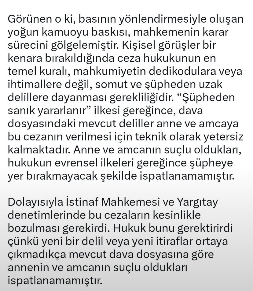 Demirtas_neferi's tweet photo. Selahattin Demirbaş’tan Narin Güran dosyasına tepkisi: “TAM BİR HUKUK FACiASI”

Demirtaş, X hesabında dava dosyasını hukukçu gözüyle incelediğini, Arif Güran ile görüştüğünü ve annesi ile amcasının cezalandırılmasının ağır hukuki hata olduğunu belirtti. https://t.co/HZaInANaKF