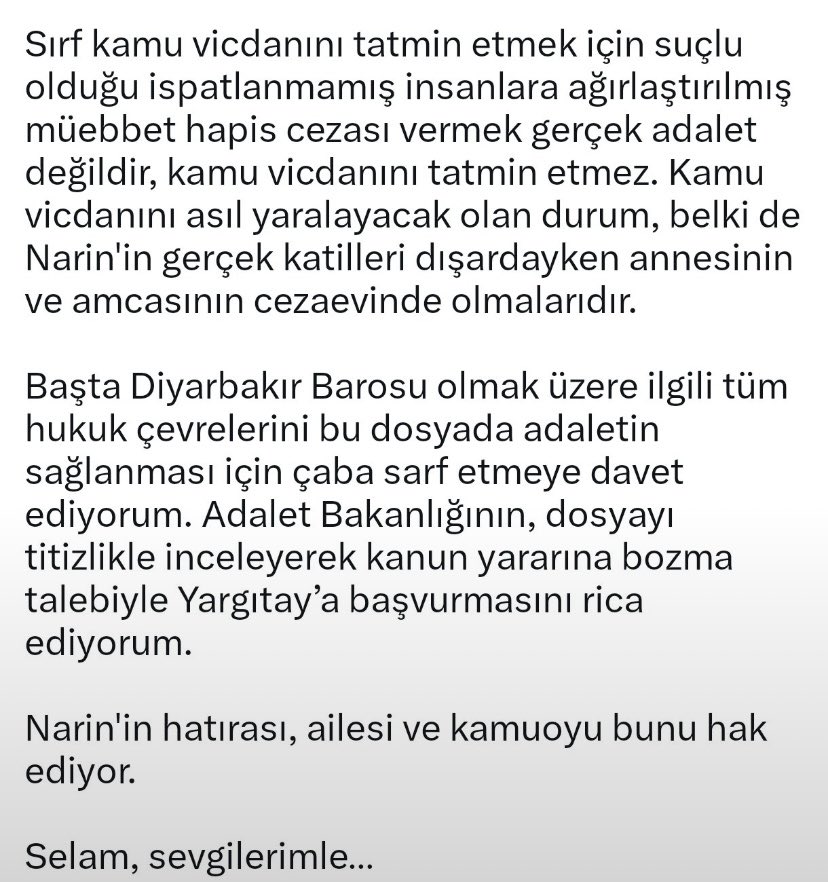 Demirtas_neferi's tweet photo. Selahattin Demirbaş’tan Narin Güran dosyasına tepkisi: “TAM BİR HUKUK FACiASI”

Demirtaş, X hesabında dava dosyasını hukukçu gözüyle incelediğini, Arif Güran ile görüştüğünü ve annesi ile amcasının cezalandırılmasının ağır hukuki hata olduğunu belirtti. https://t.co/HZaInANaKF
