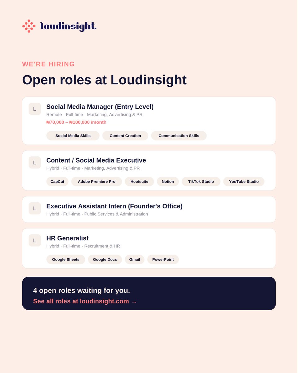 _loudinsight's tweet photo. 4 spots. 4 different paths. Which one's yours?
👀 See all open roles → https://t.co/f78e8HM5K6
#loudinsight #openroles #JobOpening #trending #recruitment #hiring #HRTech #hr #jobseeker #opentowork https://t.co/TwW0N2ifnn