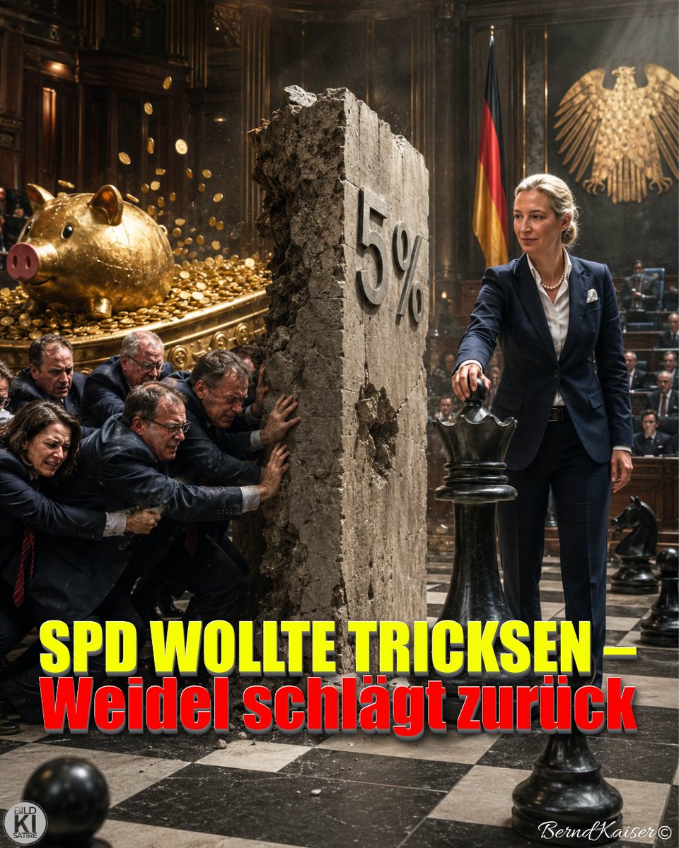Bernd_Kaiser_BD's tweet photo. Schachmatt, Altparteien! ♟️

Die politische Panik der SPD in Sachsen-Anhalt ist geradezu greifbar. Aus nackter Angst, bei der nächsten Wahl sang- und klanglos in der parlamentarischen Bedeutungslosigkeit zu versinken und aus dem Landtag zu fliegen, fordert man bei den Sozialdemokraten plötzlich eine Absenkung der 5-Prozent-Hürde. 
Wenn der Wähler einen nicht mehr will, ändert man eben einfach die Spielregeln, um weiter am Futtertrog des Staates zu bleiben. 
Demokratie à la SPD!

Doch dann kommt Alice Weidel und spielt grandioses politisches Schach: Sie fordert im Namen der AfD kurzerhand die komplette Abschaffung der Sperrklausel. 
Ein brillanter und entlarvender Schachzug! Denn was passiert nun?

Die Union, ohnehin gefangen in der intellektuellen Sackgasse ihrer lächerlichen „Brandmauer“, gerät in Schnappatmung. 
Die CDU muss diesen Vorstoß nun reflexartig ablehnen – schließlich darf man ja nicht einer Meinung mit der AfD sein. 
Und zack, blockiert sie genau die Lebensrettungsmaßnahme, nach der ihre potenziellen Koalitionspartner so verzweifelt betteln.

Und die systemtreue Haltungspresse? 
Die hyperventiliert natürlich sofort im Chor und malt das Schreckgespenst der „Weimarer Verhältnisse“ an die Wand, sobald die AfD etwas fordert. 
Komisch: Als die SPD und ehemalige Verfassungsrichter das Gleiche anstießen, war es noch eine „notwendige Debatte zur Stärkung der Demokratie“. 
Die Doppelmoral ist so offensichtlich, dass es fast schon wehtut.

Liebe Genossen, liebe Altparteien: 
Wer die Spielregeln ändern will, nur um das eigene politische Überleben zu sichern, darf sich nicht wundern, wenn ihm jemand geschickt in die Parade fährt. 
Für die AfD ist die 5-Prozent-Hürde bei Umfragewerten jenseits der 40 Prozent schon lange kein Thema mehr. 
Die Sperrklausel wird zunehmend zum Überlebensproblem derjenigen, die sich beharrlich weigern, Politik für das eigene Volk und für Deutschland zu machen.

Ihr wolltet das Spiel spielen. Jetzt lebt mit den Konsequenzen.

#FuenfProzentHuerde #SachsenAnhalt #AfD @Alice_Weidel