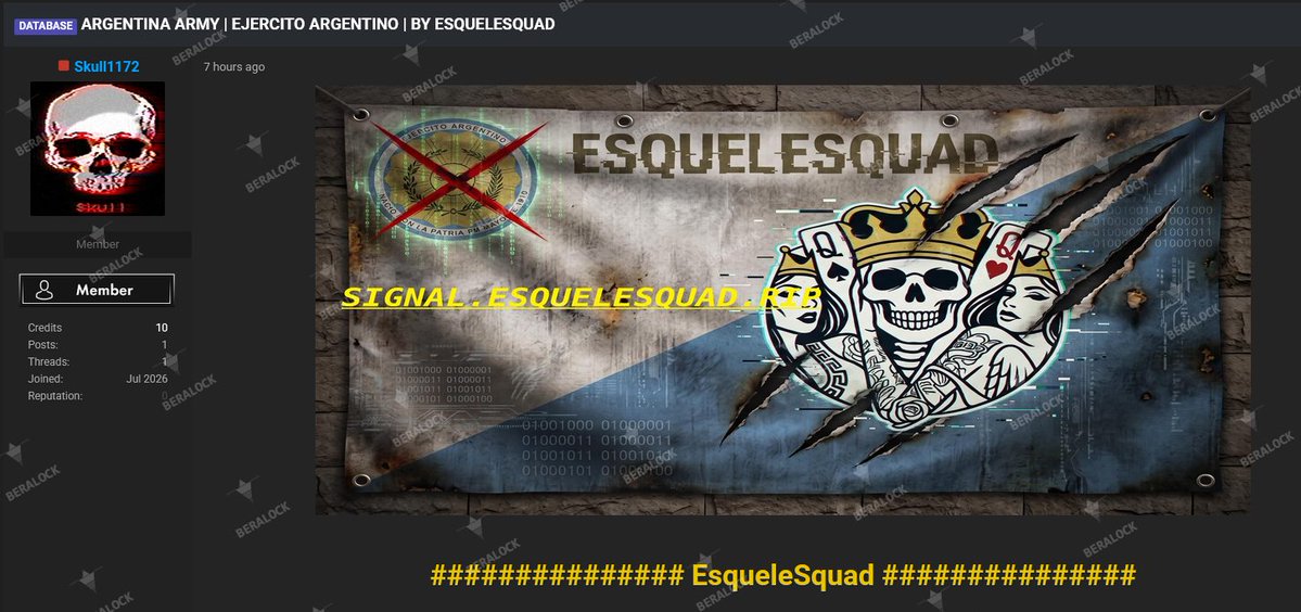 Beralock's tweet photo. A major database belonging to the Argentine Army (Ejército Argentino) has been leaked/claimed by the group "EsqueleSquad."

Full Intelligence Report: 🔗 https://t.co/dovZtGz2ei

#Argentina #CyberSecurity #BreakingNews #MilitaryLeak #DarkWeb #EsqueleSquad #Infosec #BeralockIntel https://t.co/3kB1Bfe1iN