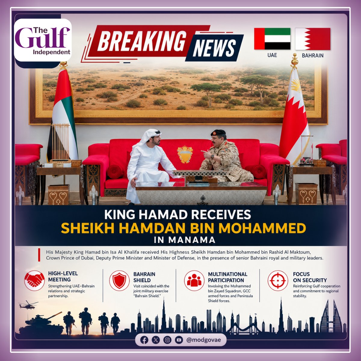 IndependentGulf's tweet photo. UAE-Bahrain relations in focus! His Majesty King Hamad bin Isa Al Khalifa received H.H. Sheikh Hamdan bin Mohammed bin Rashid Al Maktoum in Manama as he attended the joint military exercise “Bahrain Shield.”
#Bahrain #UAE #SheikhHamdan #KingHamad #BahrainShield #GCC #Gulf https://t.co/eVYDg4WpUc