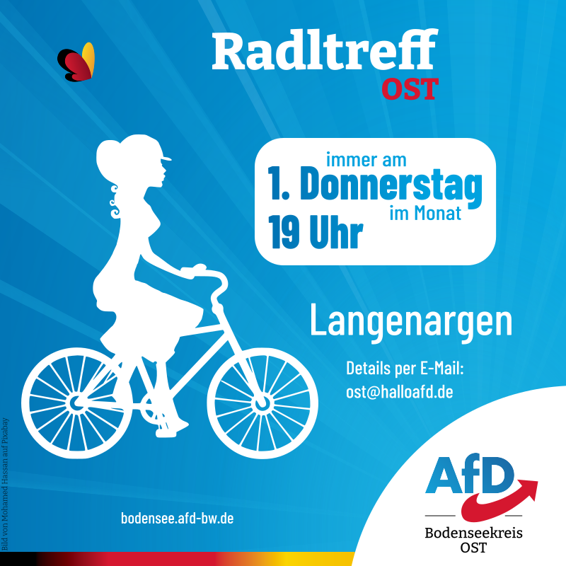 AfD_Bodensee's tweet photo. AfD-Radltreff
Donnerstag, 6. August 2026 um 19 Uhr in Langenargen

Wir freuen uns auf bekannte und neue Gesichter in gemütlicher Runde! Details bitte per E-Mail erfragen: ost@halloafd.de https://t.co/MrzXnQQ4R9