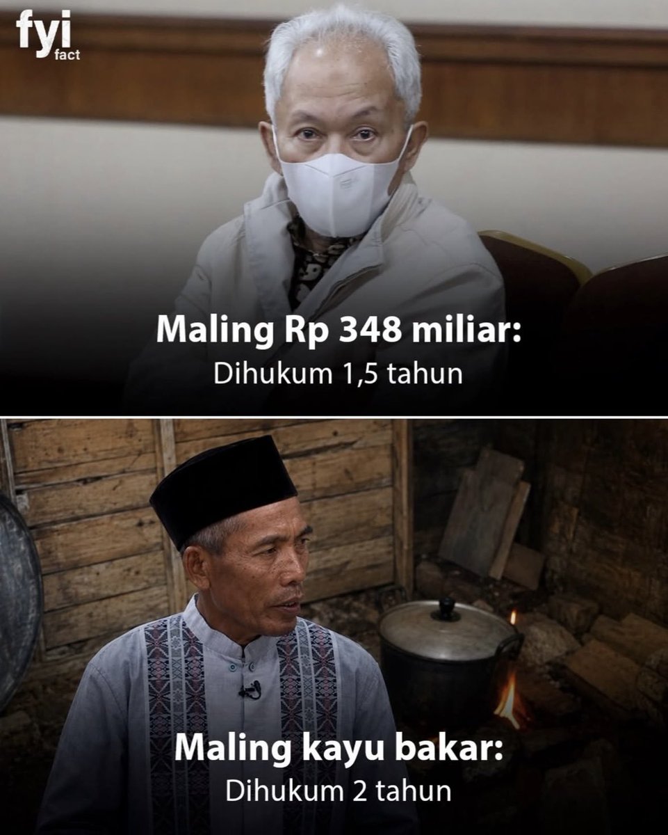 mytmrsn's tweet photo. Sama-sama maling, tapi beda nasib.

Ada yang nyuri karena kepaksa, terus dihujat, ditangkap berakhir dipenjara.

Ada yang mencuri dengan jabatan, kekuasaan atau kesempatan. Nilainya jauh lebih besar, tapi masih bisa senyum, dihormatin, bahkan tetep bisa dipercaya. https://t.co/XVxLgWWbvd