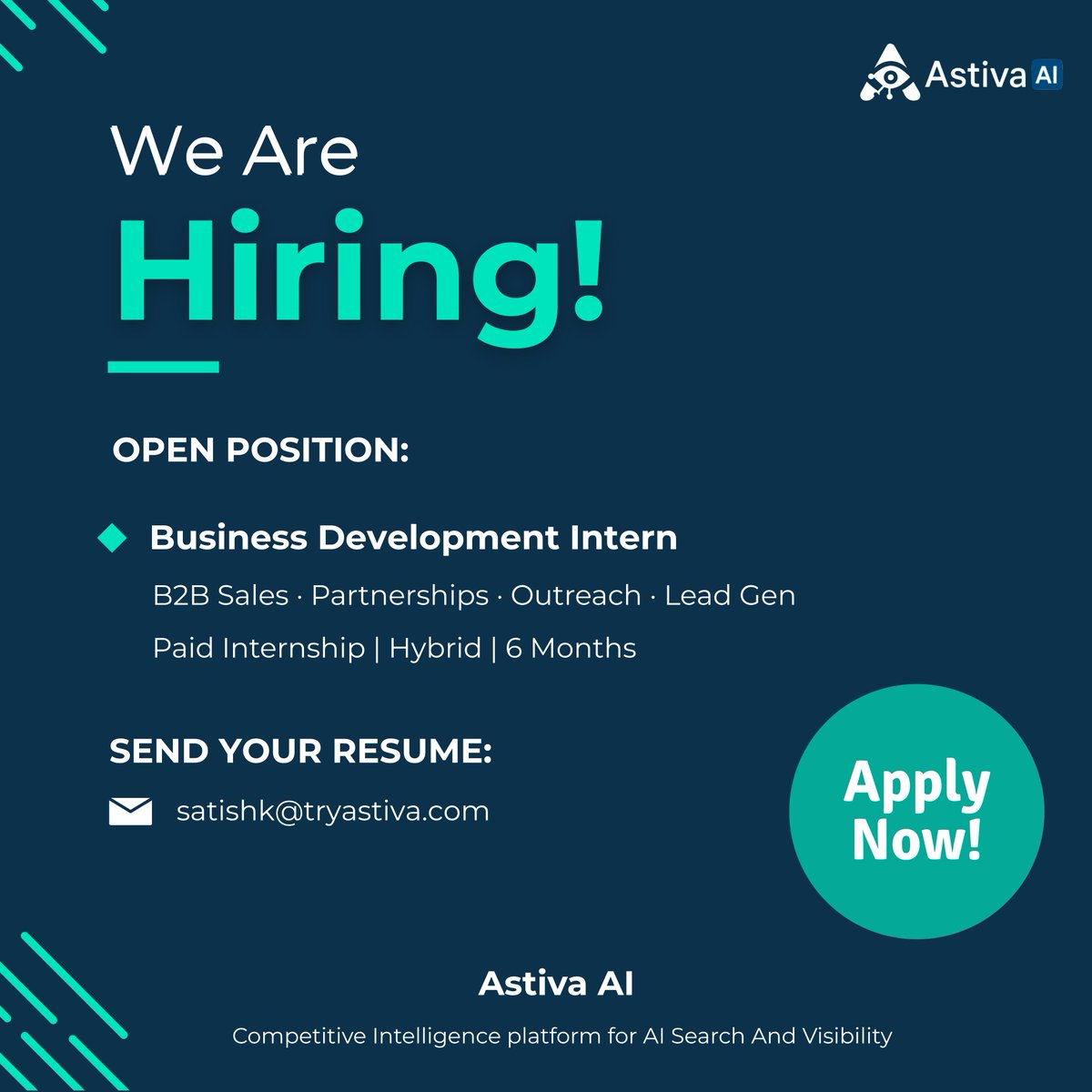 AstivaAi's tweet photo. Astiva AI is hiring a Business Development Intern.

Research B2B prospects, find meaningful insights, write personalized outreach, develop partnerships, and schedule demos.

No generic scripts.

Paid | Hybrid | 6 months

Apply: satishk@tryastiva.com

#Hiring #AstivaAI https://t.co/JKhtkyv4V1