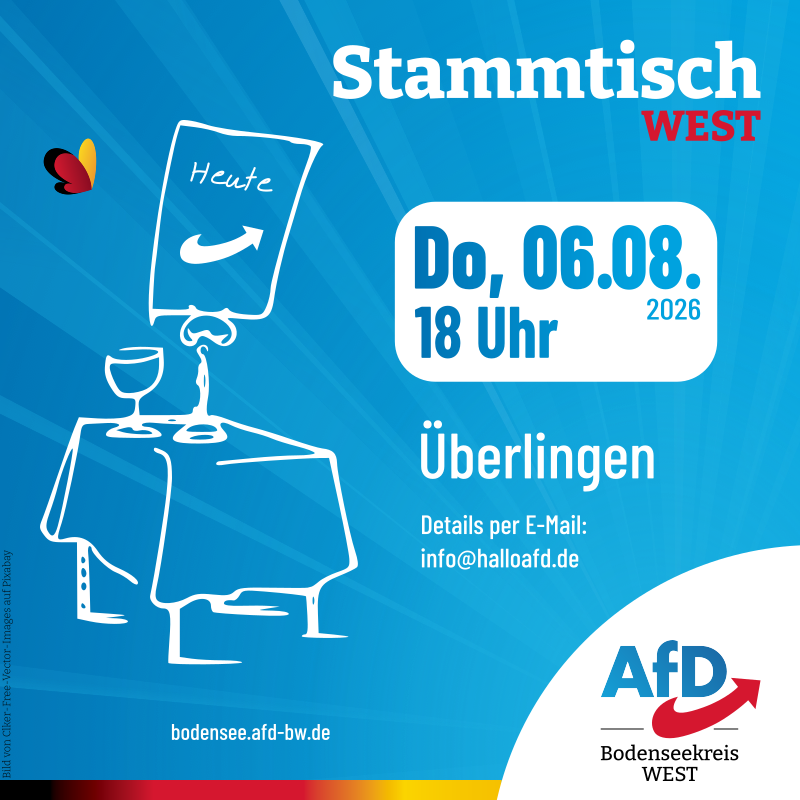 AfD_Bodensee's tweet photo. AfD-Stammtisch West
Donnerstag, 6. August 2026 um 18 Uhr in Überlingen

Wir freuen uns auf bekannte und neue Gesichter in gemütlicher Runde! Details bitte per E-Mail erfragen: info@halloafd.de https://t.co/MXIgs0AEPC