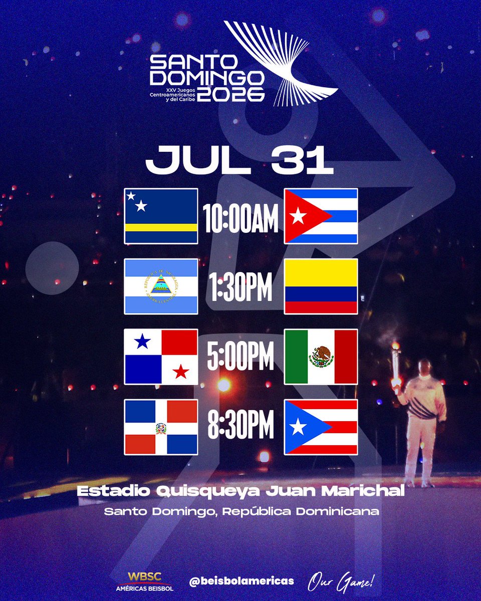 beisbolamericas's tweet photo. #SantoDomingo2026 

Juegos Centroamericanos y del Caribe / Central America and Caribbean games

Jornada inaugural / Opening games

📍 Santo Domingo 🇩🇴
🏟️ Juan Marichal 

Más información/ More information:
💻 https://t.co/aNFJGEhHiv

@wbsc

#OurGame 
#NuestroJuego https://t.co/1y1Bphsp3t