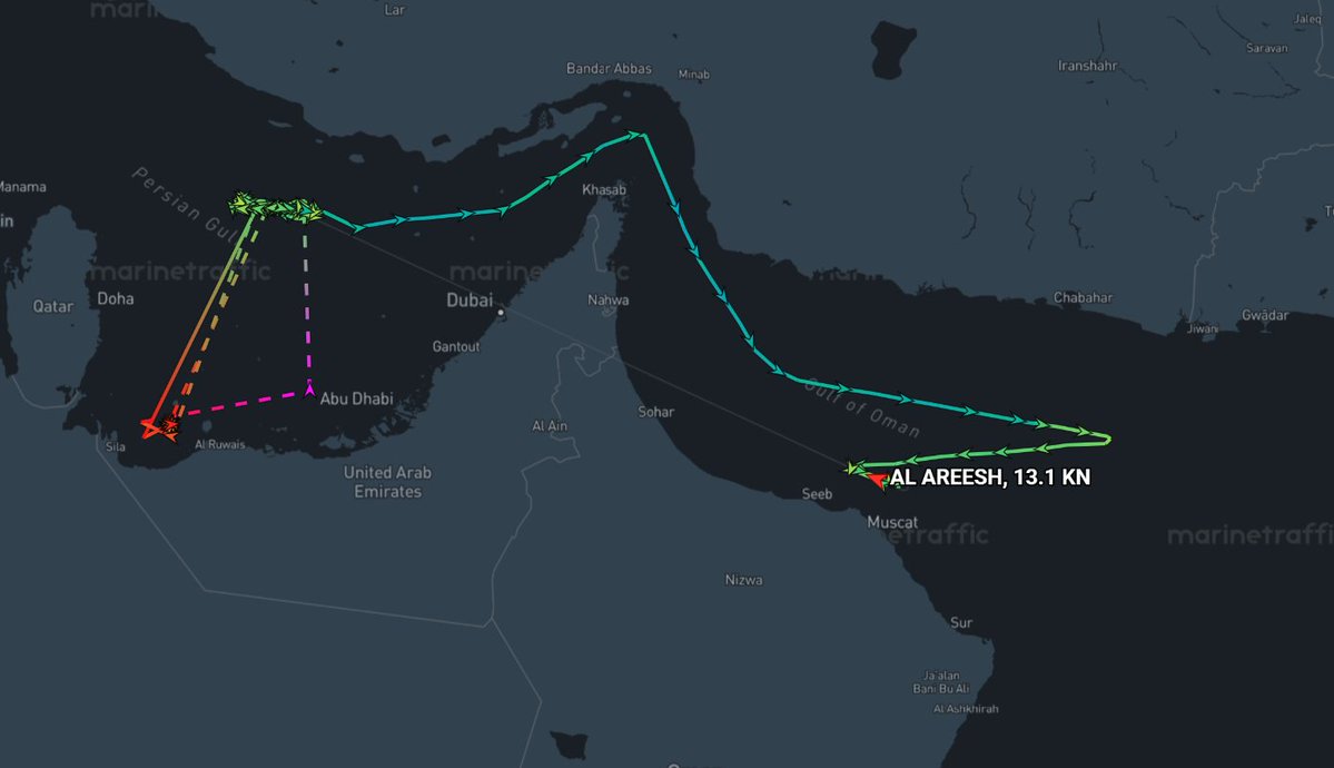 commandante_'s tweet photo. In Early July the LNG tanker AL AREESH (IMO 9325697) loaded Qatar’s first LNG cargo at Ras Laffan, then transited the Iranian-designated northern shipping lane through the Strait of Hormuz and entered the Gulf of Oman yesterday.  

U.S. forces have potentially interdicted the vessel today, blocking its continued passage to Pakistan for likely employing the Iran-guided route rather than the U.S.-designated corridor.