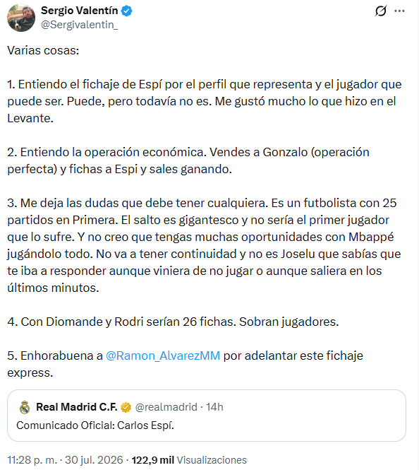 DiegoJMontero2's tweet photo. La "lógica" del periodista deportivo español promedio, lo que viene siendo Prensa Nostra, les ha llevado a criticar al Real Madrid por dejar escapar a una "perla" como Diomandé cuando jugaba en el Leganés y apenas había jugado 8-9 partidos en Primera, y ahora tiene que pagar 100-120 kilos para su fichaje.

Pero es que, al mismo tiempo, se está criticando al Real Madrid por fichar a Carlos Espí por sólo 25 millones cuando apenas ha jugado media temporada en Primera.

Cito los tuits de @Sergivalentin_ porque es de los pocos se han atrevido a plasmarlo por escrito pero comentarios como estos están siendo la moneda de uso común desde que se hizo oficial el fichaje del chaval en todos los medios.

Son como la Gata Flora pero en el mundo del Deporte. Los fichajes de Schrödigen. O como reza en ese maravilloso e inagotable hilo de @litrosdalcohol de "El Madrid todo mal, siempre mal"...