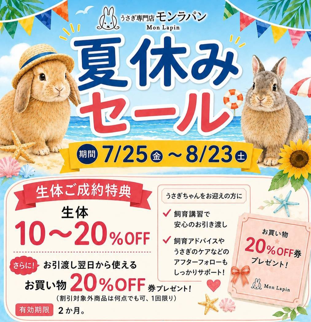 monlapin_rabbit's tweet photo. ショップには40匹以上の様々な品種、カラーのうさぎさんがおります✨

夏休みセールも大好評実施中です！！
当店のホームページもご覧ください。
https://t.co/MQKvlvVE6c

#モンラパン#うさぎ専門店 https://t.co/uxSPrSxHXW