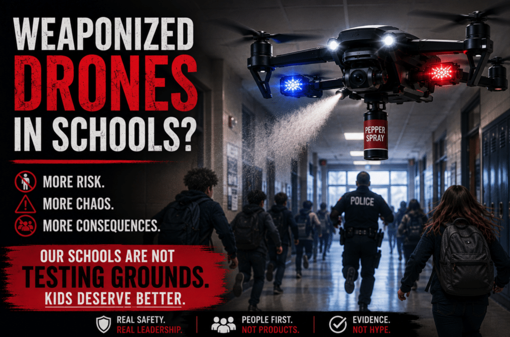 safeschools's tweet photo. Weaponized school drones for school #activeshooters? #Schoolsafety is not a video game. There is no reset button when people make mistakes.

Pepper spray drones are being promoted as the next #schoolsecurity innovation. Before #schoolleaders spend taxpayer dollars on another emerging technology, we need to step back and ask whether the risks have been fully considered.

In my latest article, I examine questions about operational realities, unintended consequences, liability, and lack of independent evidence supporting these systems.

Read more:
https://t.co/AYr7aHPcgu