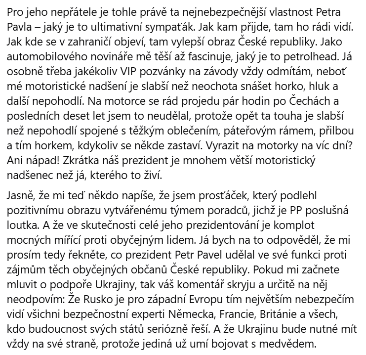 Posledniskaut's tweet photo. Ještě k Hungaroringu. 
Martin Vaculík, motoristický publicista, Svět motorů: LEPŠÍ REPREZENTACI ČESKÉ REPUBLIKY JSEM DLOUHO NEVIDĚL
"Jelikož se ještě z časů, kdy tento špičkový fotograf pracoval pro Svět motorů, znám s Jiřím Křenkem, zavolal jsem mu, jak to teda bylo. Autoklub České republiky, coby naše nejvyšší autorita v motorsportu a přispěvatel do rozpočtu FIA, požádal o exkluzivní licenci pro prezidenta a FIA bez váhání vyhověla. Právě FIA pak poprosila Jirku Křenka, aby našeho prezidenta po okruhu provedl, seznámil jej s fotomísty a vysvětlil vše, co by amatérský fotograf nemusel znát...
Pro jeho nepřátele je tohle právě ta nejnebezpečnější vlastnost Petra Pavla – jaký je to ultimativní sympaťák. Jak kam přijde, tam ho rádi vidí. Jak kde se v zahraničí objeví, tam vylepší obraz České republiky. Jako automobilového novináře mě těší až fascinuje, jaký je to petrolhead..."