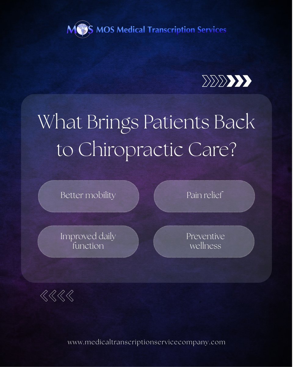 MedTranscript_'s tweet photo. Every chiropractic patient has a different goal—from pain relief to better mobility or long-term wellness.

#ChiropracticTranscriptionService by MTS keeps documentation clear and accurate.

What drives most patients? Vote below!

#Chiropractic #MedicalTranscription https://t.co/6qLKWyznsz