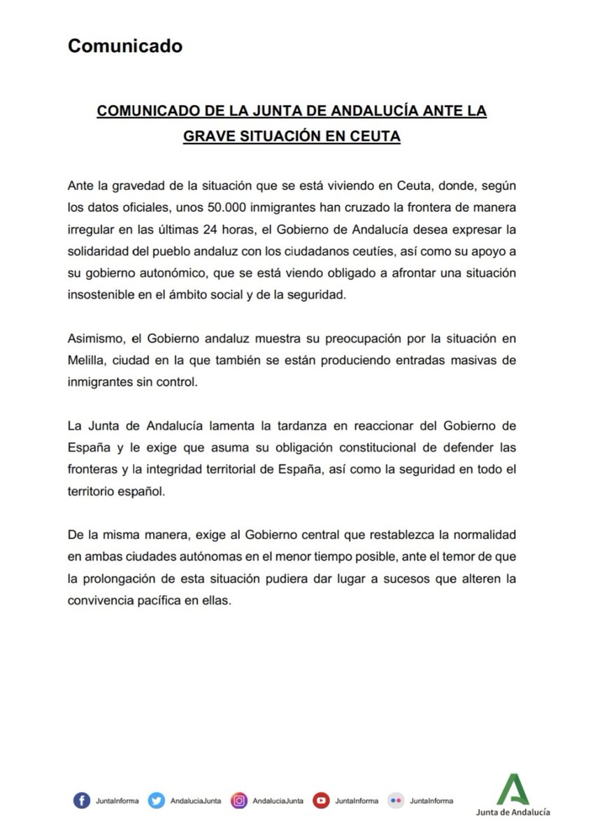JuanMa_Moreno's tweet photo. 🔴 #Andalucía muestra su solidaridad con Ceuta y exige al Gobierno de la Nación que asuma su obligación constitucional de defender las fronteras y la integridad territorial de España, así como la seguridad en todo el territorio español. https://t.co/WIyHTmj0Li