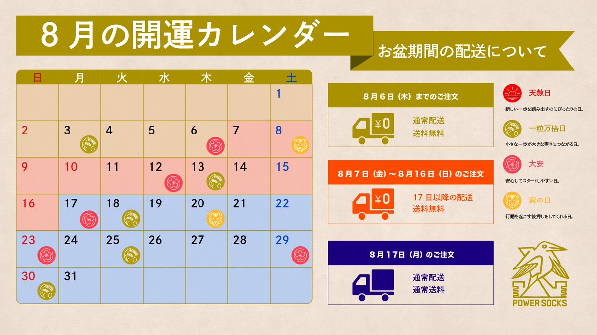 RHR_official's tweet photo. 【#POWERSOCKS｜8月の開運カレンダー＆お盆期間の配送について📅】

8月の開運カレンダーを公開しました🌻

天赦日、一粒万倍日、大安、寅の日など…
新しい一歩を踏み出すきっかけの日をまとめています！

また、お盆期間の配送についてお知らせです📦

🧦8月16日（日）まで送料無料キャンペーン開催中🧦

発送スケジュールは以下の通りです。

・8月6日（木）までのご注文
　→ 通常配送（送料無料）

・8月7日（金）〜8月16日（日）のご注文
　→ 8月17日（月）以降順次発送（送料無料）

・8月17日（月）以降のご注文
　→ 通常配送（通常送料）

ご不便をおかけいたしますが、
何卒ご理解のほどよろしくお願いいたします。

▼詳しくはリプ欄へ👀