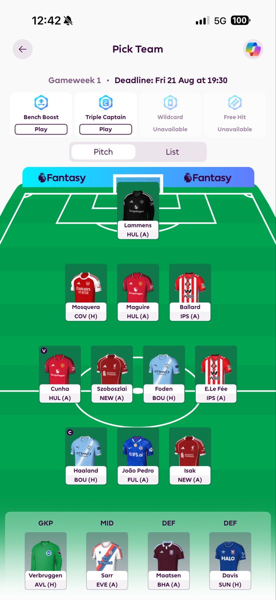 ole941's tweet photo. @FFScout @fplblackbox_az @FPLFamily Thinking about benchboosting GW1 https://t.co/NjZhyK6K8V