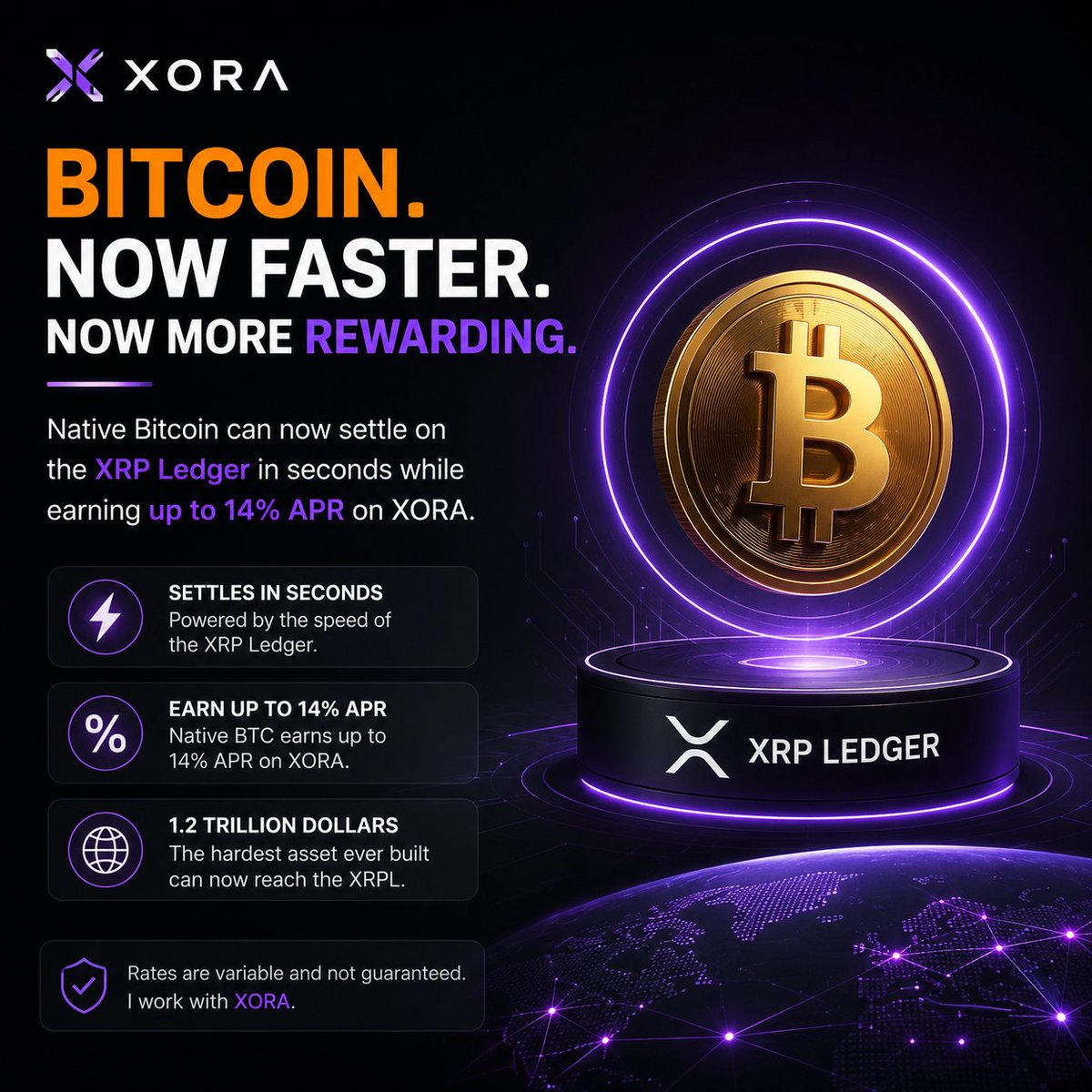 Beyonce0345's tweet photo. TGIF from this side y'all CT 

For years, Bitcoin has mostly been a store of value.
Now it's becoming more productive.XORA enables native BTC to earn up to 14% APR (variable) whilebenefiting from the speed of the XRP Ledger forsettlement.
@xora_finance https://t.co/vi2uNZTSMz