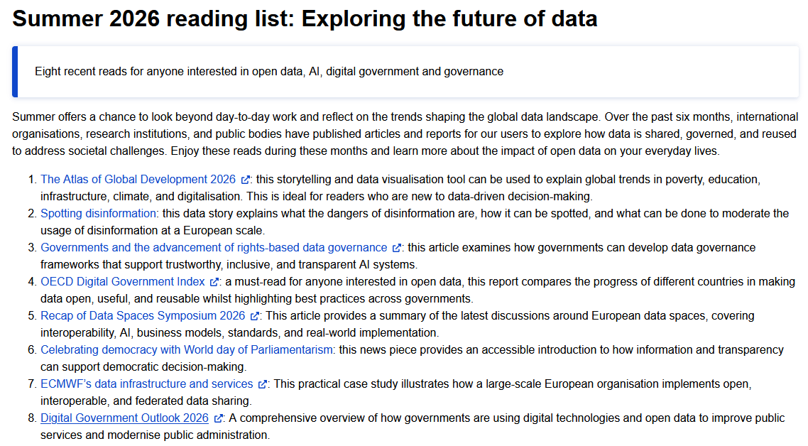 datosgob's tweet photo. The European Data Portal has published a list of recommended publications on #opendata, artificial intelligence, digital government, and governance. It’s a very useful list if you want to catch up this summer. Take a look here: https://t.co/W6ZzbKPFlc https://t.co/f16cwCpL7h