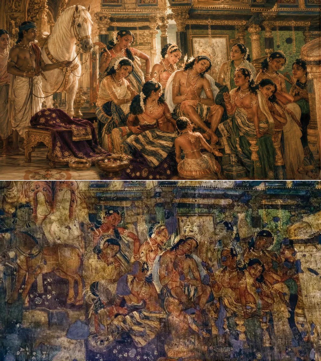 SatavahanasIN's tweet photo. Reconstructed (top) alongside the original Ajanta mural (bottom), depicting a scene from the Mahājanaka Jātaka. Ajanta Cave no. 1, Maharashtra, ca. 467 CE (Vākāṭaka period).

This Mural was painted during the reign of the Vākāṭaka emperor Dharma-Mahārāja Harishena in the late 5th century CE (ca. 450 to 480 CE).