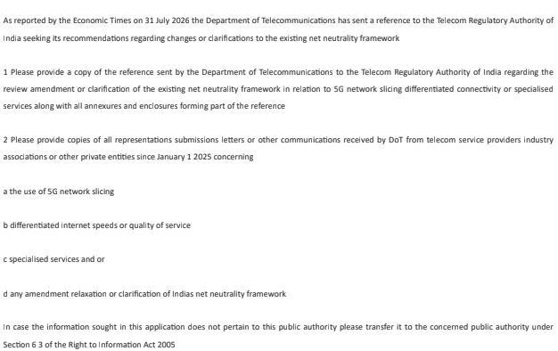 internetfreedom's tweet photo. Today, we have filed RTIs both with the DOT and TRAI based on news reports that the DOT has sent a reference for a review of net neutrality regulations. We are specifically seeking information on the basis of the reference and to examine any teleco lobbying. #SaveTheInternet https://t.co/ckmYjYbFnV