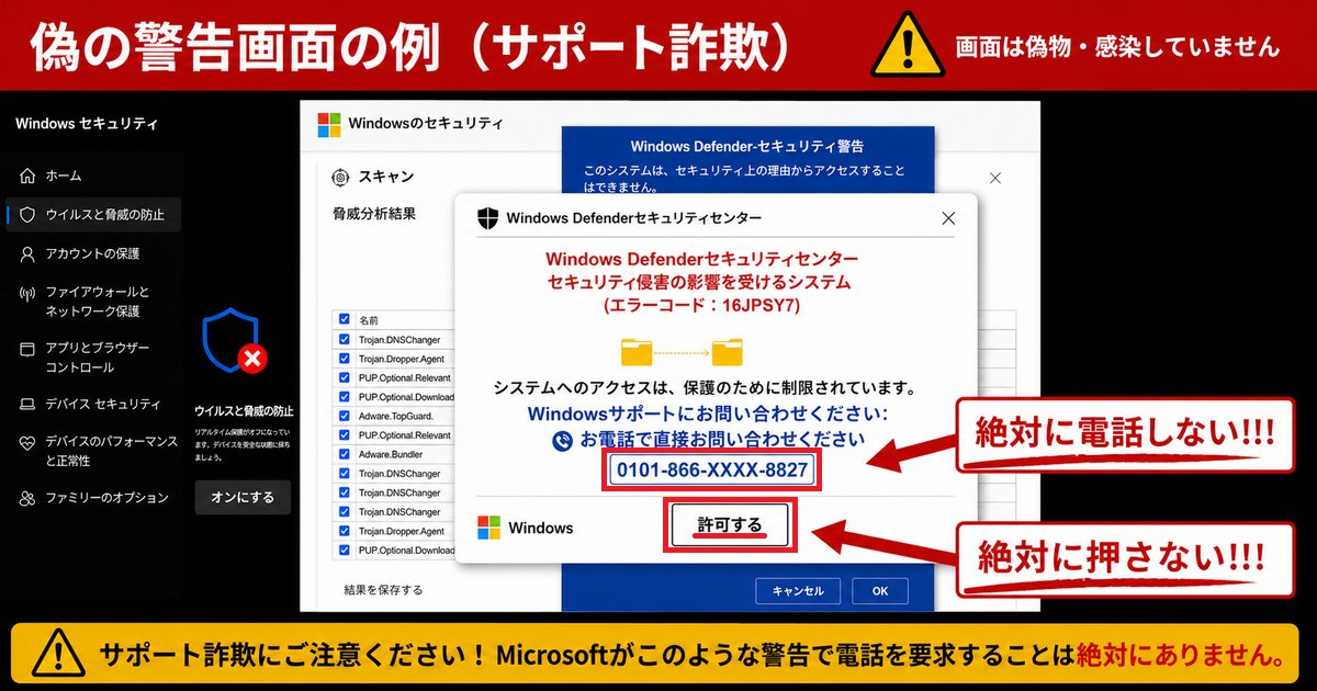 telnavi's tweet photo. 「あなたのPCはウイルスに感染しています」－その警告、偽物です。

突然の警告画面と電話番号は「サポート詐欺」の入口。画面は偽の表示で、パソコンは感染していません。表示された番号には絶対に電話しないでください。

見分け方チェックリストと画面の消し方を解説しました↓
 https://t.co/B1Zy8M5eee