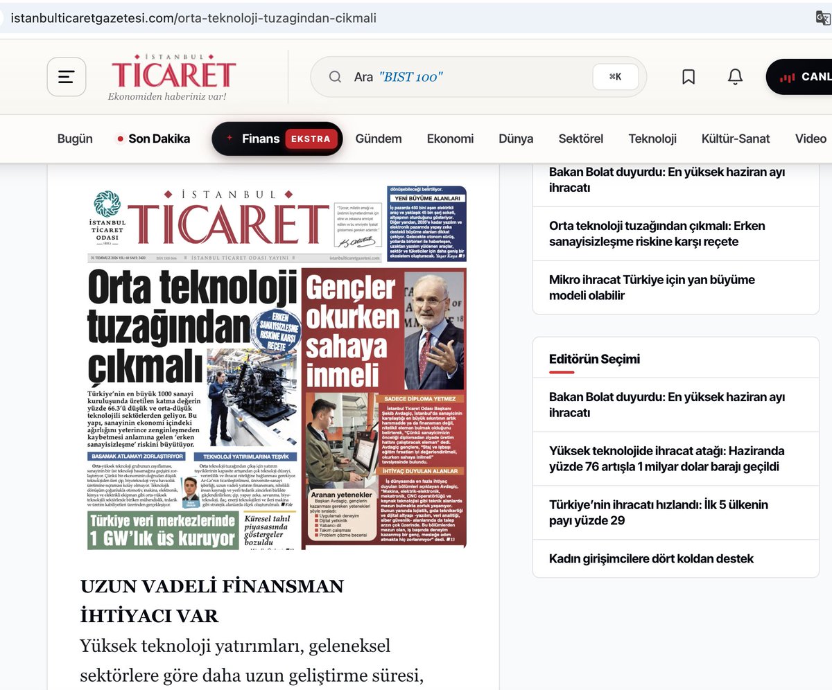 bilalbagis's tweet photo. İstanbul Ticaret Gazetesi-1885 (İTO Gazetesi) söyleşisi

800 bini aşkın üyeye sahip İTO'nun (İstanbul Ticaret Odası) gazetesi için 'erken sanayisizleşme' üzerine gerçekleştirdiğimiz söyleşi 

"Orta Teknoloji Tuzağından Çıkmalı", 31 Temmuz 2026,  İstanbul Ticaret Gazetesi-1885. Link: https://t.co/K2j6gvtYNM