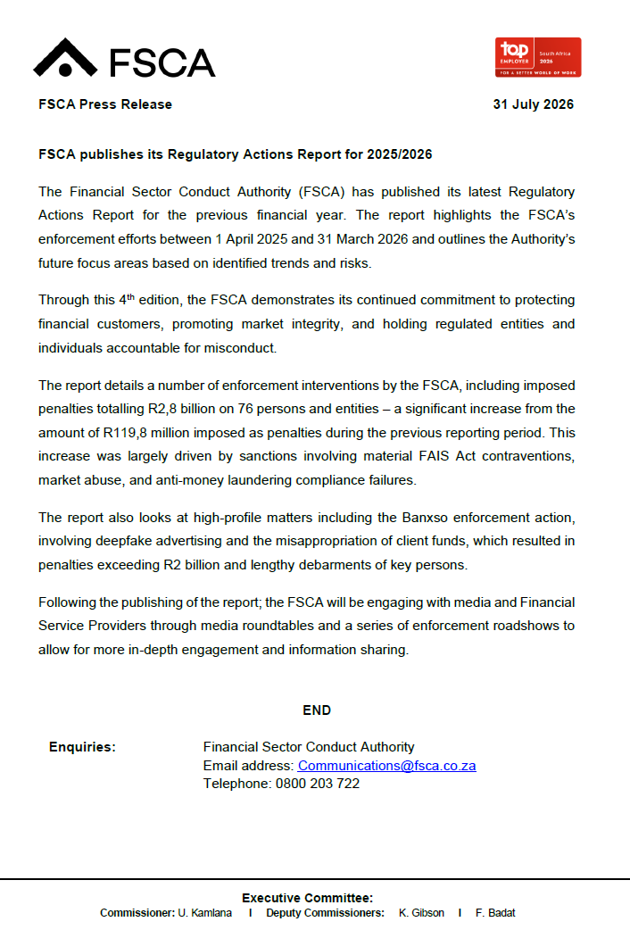 fscasouthafrica's tweet photo. [Media Release]

The FSCA has published its latest Regulatory Actions Report for the previous financial year. 

The report highlights the FSCA’s enforcement efforts between 1 April 2025 and 31 March 2026 : https://t.co/ZLGCL3cbU4