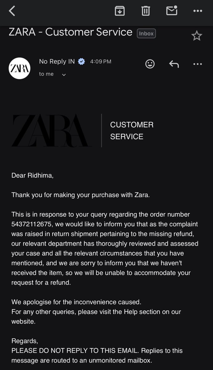 RidhimaGoy20337's tweet photo. @jagograhakjago @Inditex @ZARA @ZARA_Care This matter will be escalated to the National Consumer Helpline, Consumer Commission, and all relevant consumer protection authorities if not resolved immediately. #Zara #ZaraIndia #ConsumerRights #CustomerServiceFail #Refund #FalseClaims #Harassment https://t.co/PM6nwrTHoD