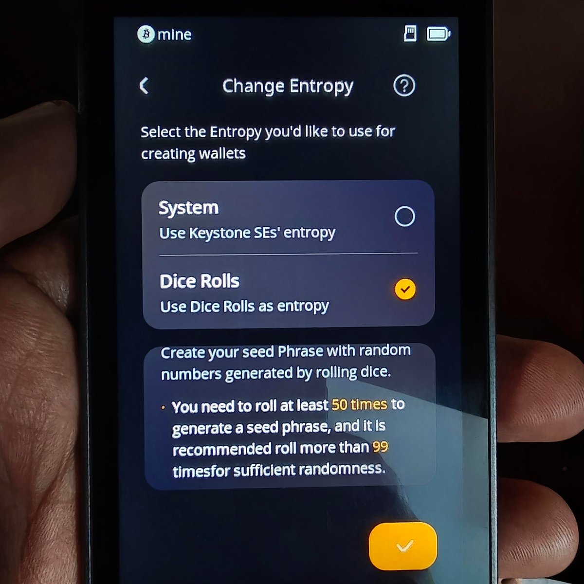 KeystoneWallet's tweet photo. If you're holding Keystone 3 Pro, your seed phrase generation is already more secure than most 🛡️

Here's what's happening inside the device, and why it matters 👇

Most wallets rely on one chip to generate your seed phrase. One flaw in that chip, one point of failure ⚠️

Keystone 3 Pro is built differently:
→ Two separate secure chips each generate random numbers
→ Both are combined before the phrase is created
→ One bad chip can't compromise the result 🛡️

Want zero reliance on chips? Use dice roll entropy.

Roll a casino-grade 6-sided die 99 times = ~256 bits of entropy.

No internet. No device. Pure randomness. 🎲

A BIP39 passphrase adds one more layer on top. Even if someone gets your seed phrase, they can't reach your wallet without it. 🔐

What actually protects you:
→ Use multiple entropy sources, or generate your seed with dice
→ Add a strong BIP39 passphrase
→ Store it separately from your seed phrase

Randomness is the root of your security.
Keystone is built to get that right from the start.