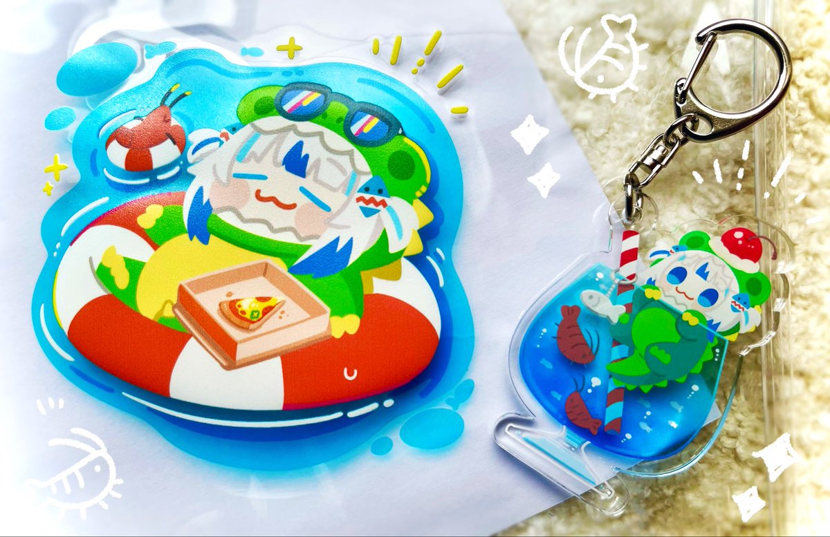 sameanko's tweet photo. 夏コミ新刊セットのクリアポーチと
アクキーが届きました！🌊🛟🦈✨

涼しげで夏らしく、かわいく仕上がって良い感じ…！
新刊とステッカーも詰めてセットで頒布予定です🙌
#C108 https://t.co/J7JhG5EhsZ