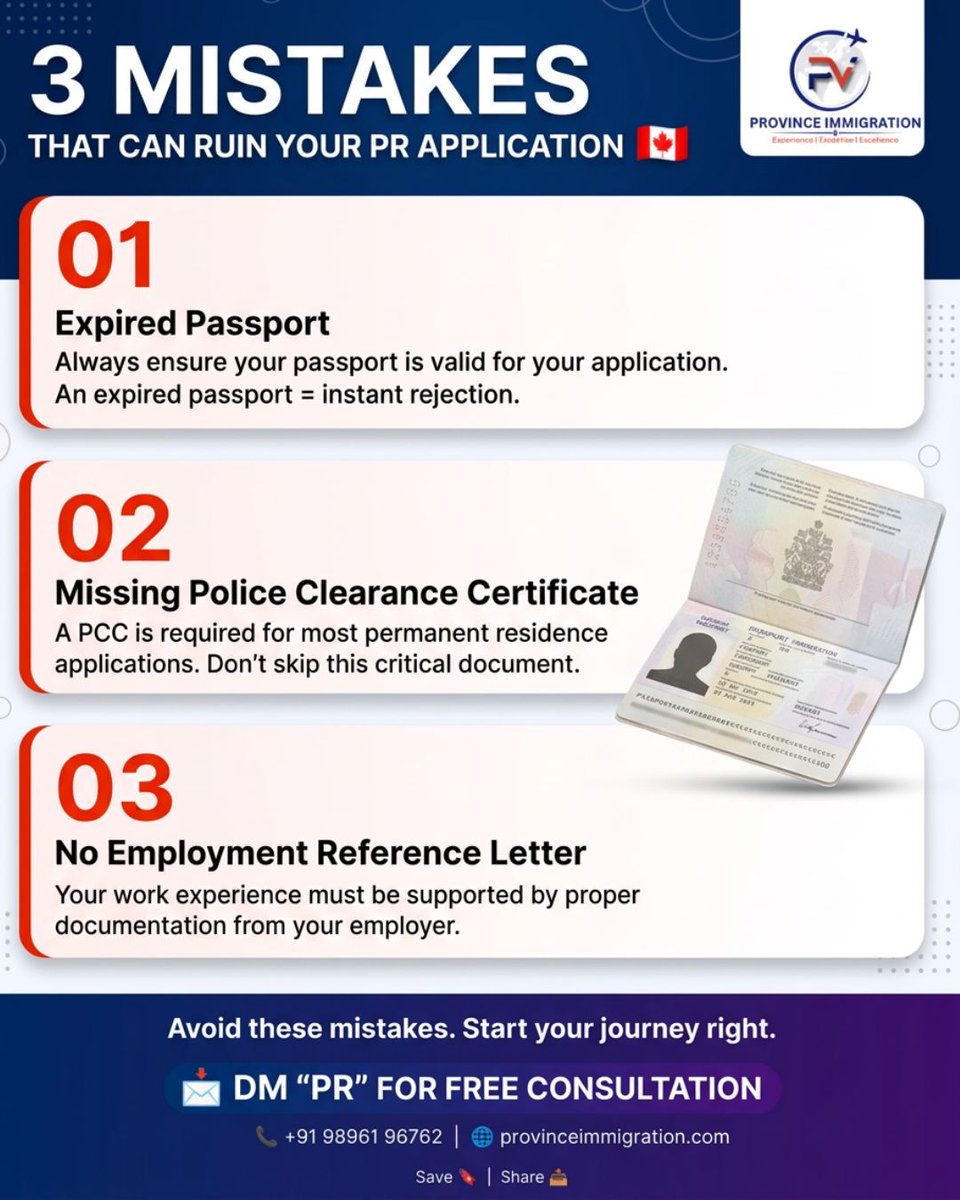 province_immigr's tweet photo. .
🚨 Avoid These 3 Common PR Application Mistakes! 🇨🇦
#CanadaVisa #CanadaImmigration #ExpressEntry #PermanentResidency #ImmigrationConsultant #VisaTips #PRApplication #CanadaLife #WorkInCanada #MoveToCanada #ImmigrationTips https://t.co/SdRqjoPkVy