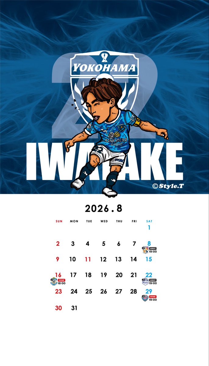 StyleT842's tweet photo. 8月の横浜FCカレンダー配信！
ついにＪリーグも世界基準！2026-2027シーズン開幕🙌イラストは今シーズンからキャプテンマークを巻く岩武克弥選手⚽️スマホのロック画面に使っていただけたら嬉しいです☺️16日のジュビロ磐田戦は現地観戦しますー！楽しみー🙌
 #勝手に応援 #横浜FC https://t.co/VvpVibppdJ