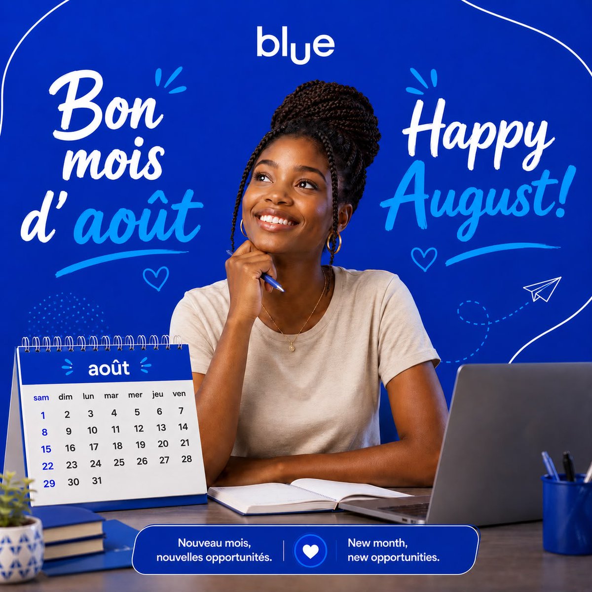 blue_by_camtel's tweet photo. 💙 Bienvenue en Août ✨
Avec blue, connexion fiable. Travail optimal. 📶
#UnPointCestblue
--------
💙 Welcome to August! ✨
With blue, enjoy reliable connectivity and stay productive wherever you are. 📶
#UnPointCestblue https://t.co/MAHtV8rJLv
