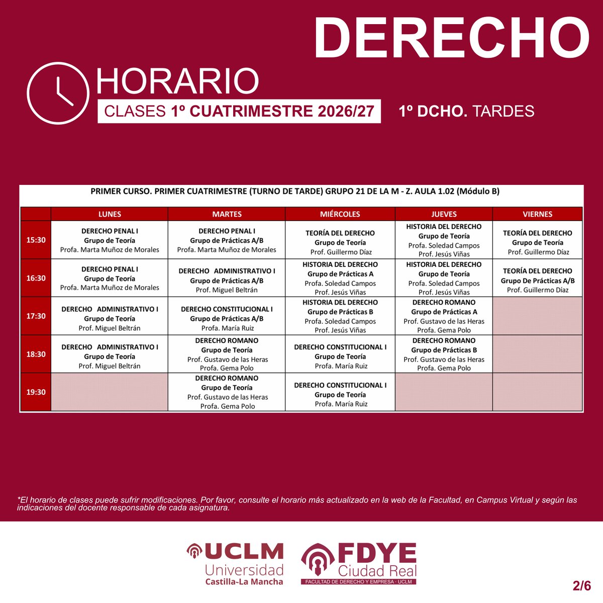 fdye_cr's tweet photo. Horarios Grado en Derecho. 1º Cuatrimestre, Curso Académico 2026/27. Resto de horarios en la web de la Facultad (https://t.co/G63FlRlId3). https://t.co/7ZRhBPK5T4