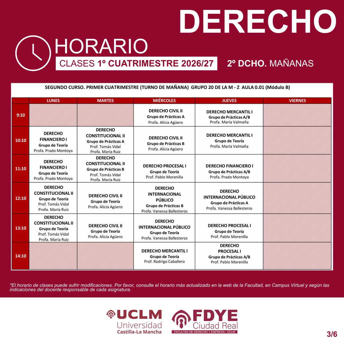 fdye_cr's tweet photo. Horarios Grado en Derecho. 1º Cuatrimestre, Curso Académico 2026/27. Resto de horarios en la web de la Facultad (https://t.co/G63FlRlId3). https://t.co/7ZRhBPK5T4