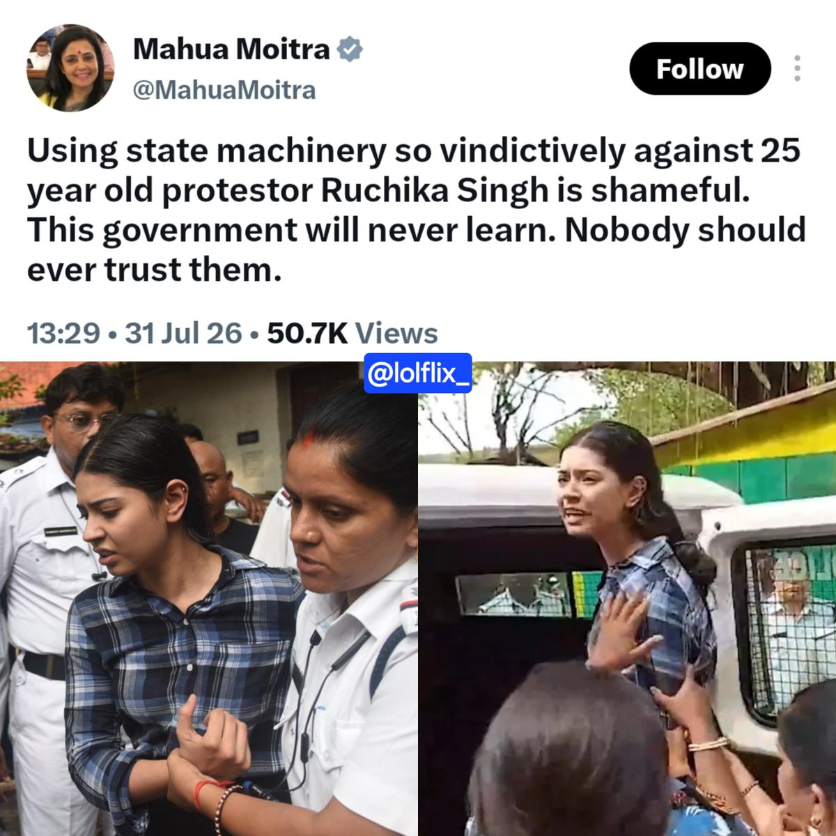 lolflix_'s tweet photo. They traveled 1,500 kilometers, just to arrest me - Sharmistha Panoli https://t.co/0pwbZNius6