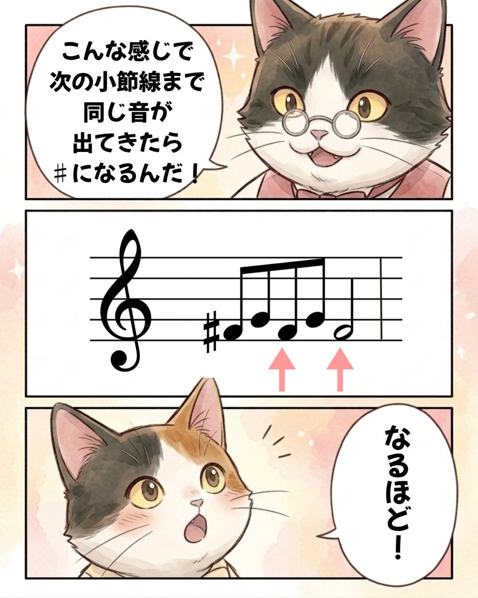 Pianeys's tweet photo. 臨時記号（♯や♭）の効力は、
その小節の中全て。

魔法が解けるように、
臨時記号も「小節線」でリセットされると覚えましょう！ https://t.co/L6nfz5Rimh