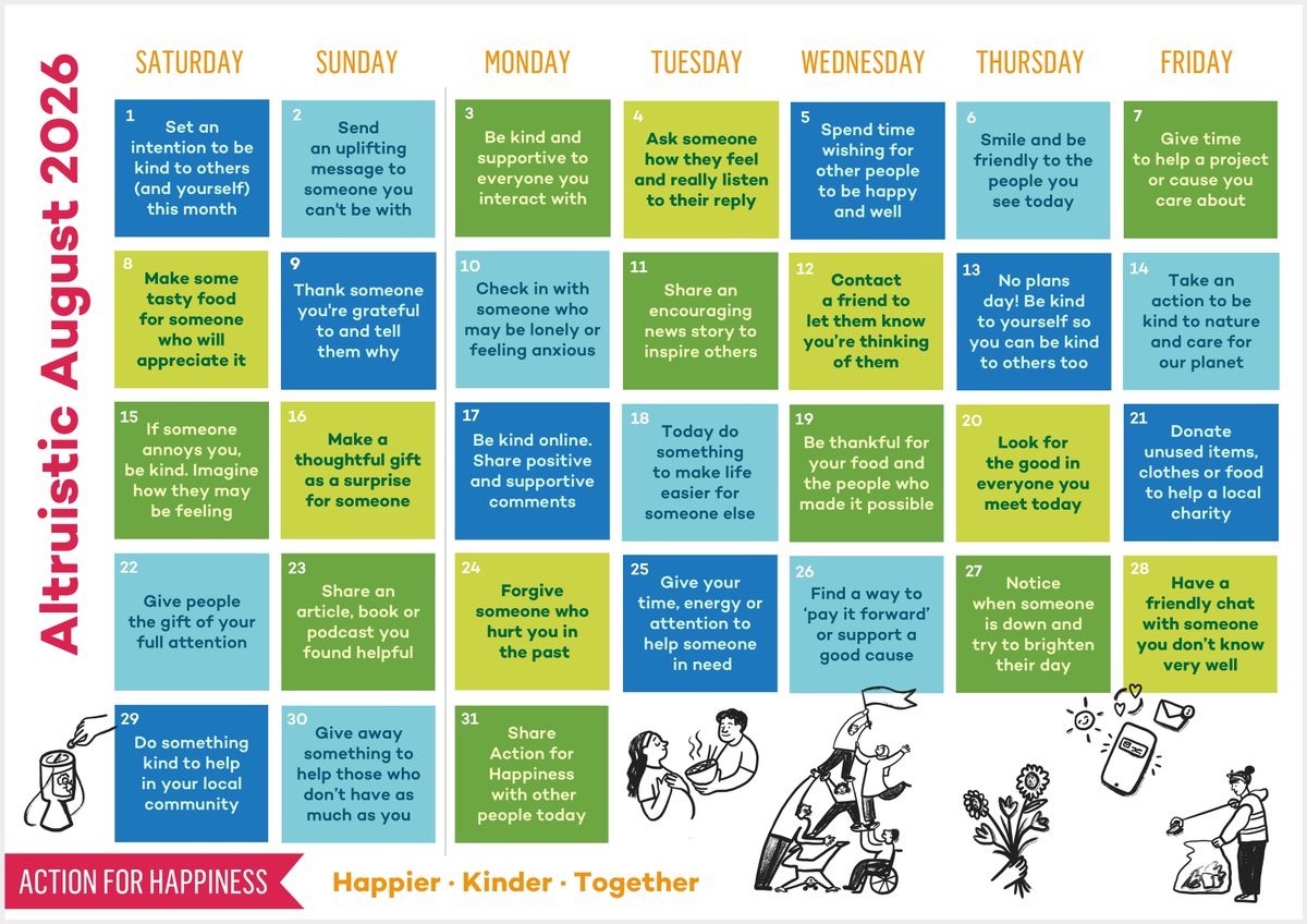 actionhappiness's tweet photo. We all have the power to make someone’s day a little brighter. A thoughtful message, a helping hand or a moment of real listening make a bigger difference than we realise. And caring for others does us good too 💞

https://t.co/9GXWDRE7ia #AltruisticAugust https://t.co/UsH2PmTS87