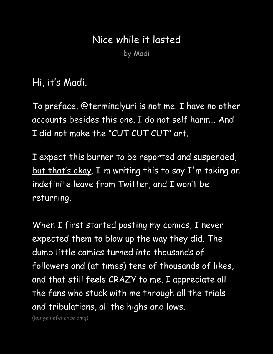 termyuriburner's tweet photo. A letter from me, Madi (@terminallyuri, @madi67times). More info on the linked Google Doc.

https://t.co/YVujunTG04 https://t.co/VLibRCfPQI