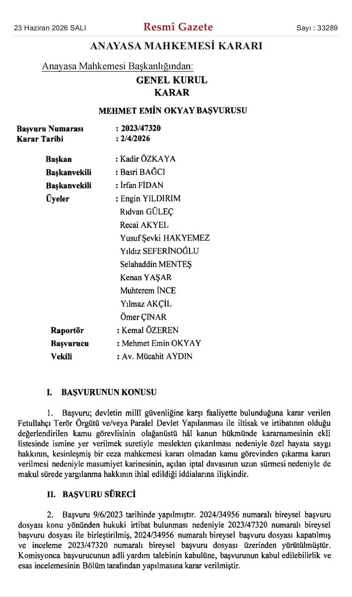 Makif_Hukuk's tweet photo. ANAYASA MAHKEMESİ'NDEN KODLAMA (GARSON) İDDİASINA İLİŞKİN ÖNEMLİ HAK İHLALİ KARARI 

Anayasa Mahkemesi,  

02/04/2026 tarih ve 2023/47320 Başvuru Numaralı Kararında,

OHAL KHK'sı ile kamu görevinden çıkarılan başvurucunun, 

Anayasa'nın 20. maddesinde güvence altına alınan ÖZEL HAYATA SAYGI HAKKININ İHLAL EDİLDİĞİNE karar vermiştir.  

Başvurucunun kamu görevinden çıkarılmasına ilişkin yürütülen yargılamada verilen DAVANIN REDDİ KARARINDA; 

* EA Kodlaması,  

* Takipsizlik kararı yer almaktadır.   

Veri İnceleme Raporundaki verilerin somut bilgilerle desteklenmesi gerekmektedir. 

Başvurucunun meslekten çıkarılması ile ilgili ortaya çıkan özel hayata saygı hakkına yönelik müdahale ölçülü değildir. 

ANAYASA MAHKEMESİ'NİN İHLAL KARARI DOĞRULTUSUNDA İZLENİLECEK HUKUKİ YOLLAR; 

İhraç dava dosyaları ; 

* İdare Mahkemeleri,  

* Bölge İdare Mahkemeleri,  

* Danıştay,  

* Anayasa Mahkemesi'nde olanlar kararda yer alan  tespitlere yönelik dava dosyalarına ek beyanda bulunabileceklerdir.  

Anayasa Mahkemesi kararında yer alan tespitlerin dava dosyalarına sunulmasında fayda vardır. 

Hukuki destek konusunda yardımcı olurum.  

02/04/2026 tarihli karardan.