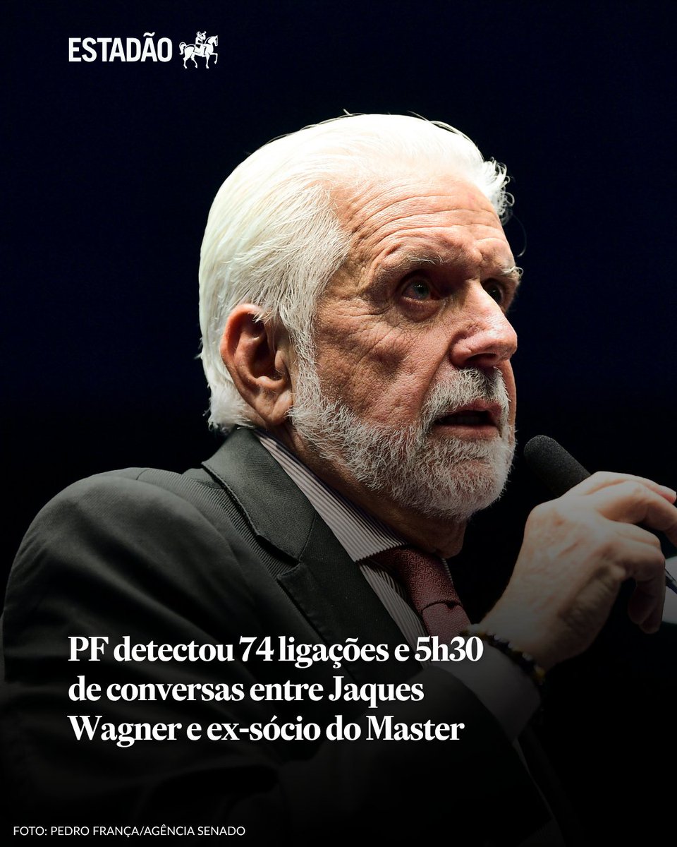 Estadao's tweet photo. ELOS DE VORCARO 🚨 PF detectou 74 ligações e 5h30 de conversas entre Jaques Wagner e ex-sócio do Master; defesa do senador ainda não se manifestou → https://t.co/ofT9UIB7J1 https://t.co/pOlTGyaRse