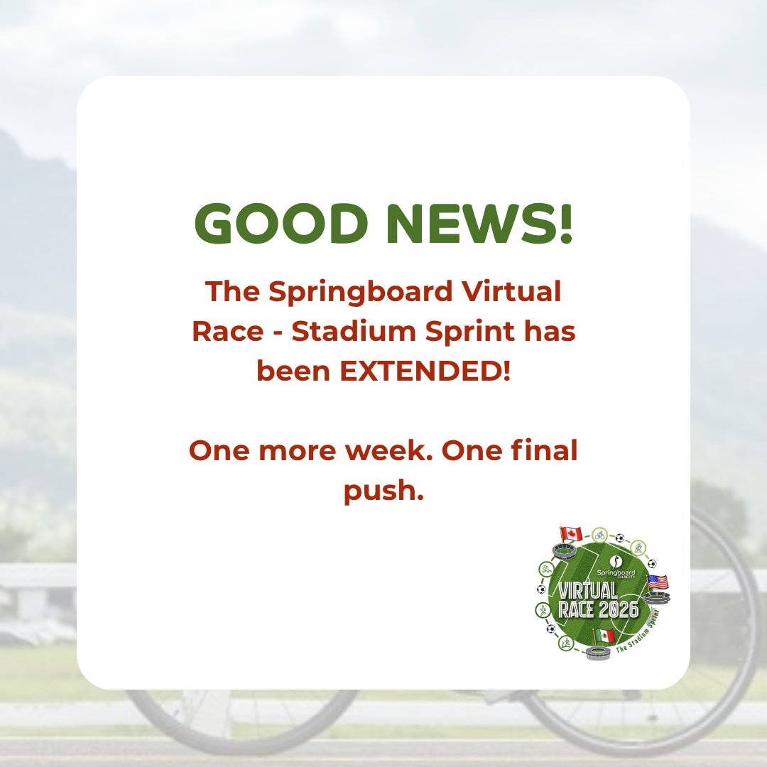 Springboard_UK's tweet photo. 🏟️ One more week. One final push.

Good news! We've extended the Springboard Virtual Race – Stadium Sprint by one extra week to give our amazing participants more time to reach the finish line and help us hit our £60,000 fundraising target.

Every donation helps create life-changing opportunities for young people and jobseekers looking to build rewarding careers in hospitality.

💙 Sponsor a team.
📢 Share the campaign.
🏃 Cheer our participants on.
Every £1 donated moves a team one extra mile in the race.
Together, let's make this final week our strongest yet!

Donate today: https://t.co/qlBIoC5swT

#SpringboardStadiumSprint #Springboard #Fundraising #HospitalityCareers #VirtualRace