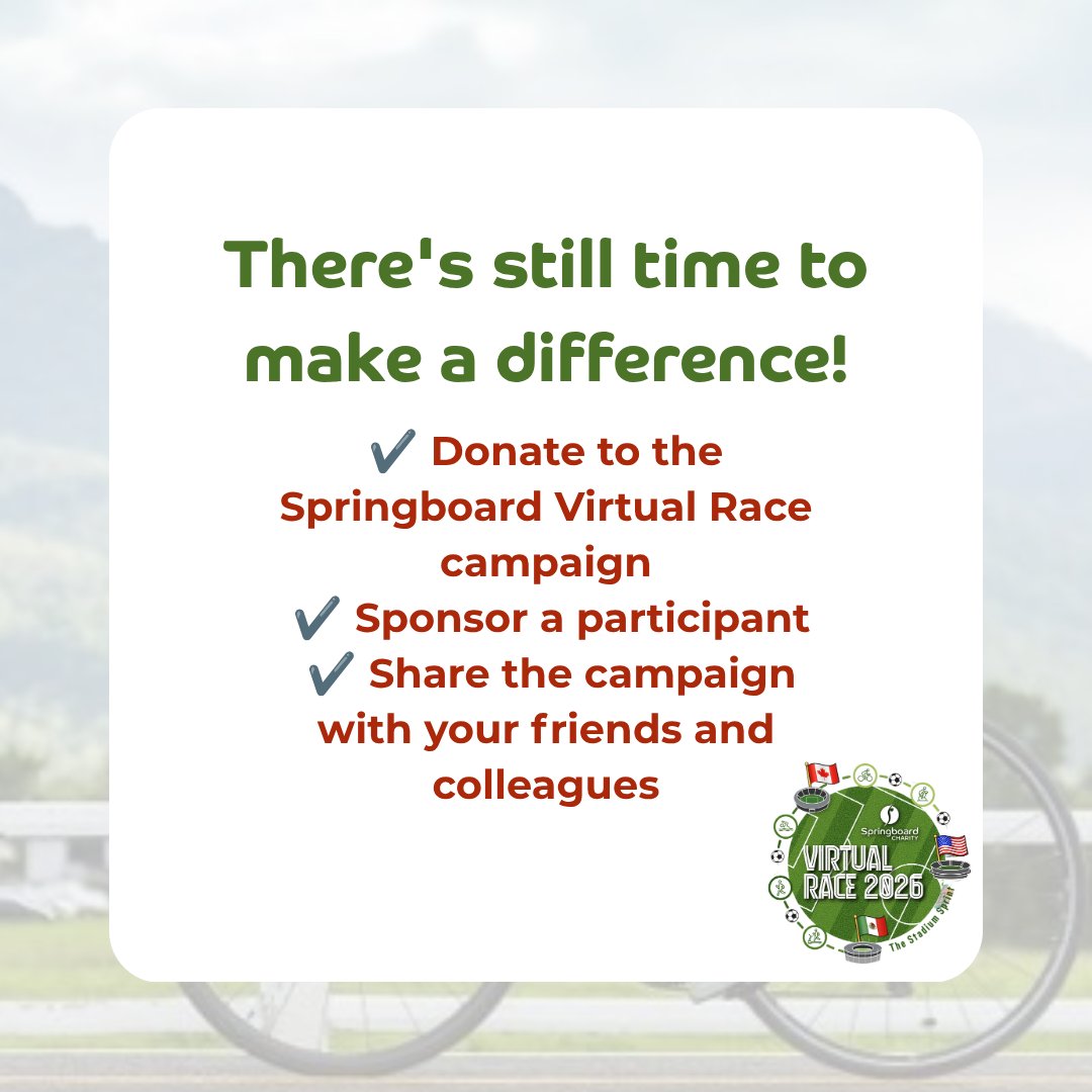 Springboard_UK's tweet photo. 🏟️ One more week. One final push.

Good news! We've extended the Springboard Virtual Race – Stadium Sprint by one extra week to give our amazing participants more time to reach the finish line and help us hit our £60,000 fundraising target.

Every donation helps create life-changing opportunities for young people and jobseekers looking to build rewarding careers in hospitality.

💙 Sponsor a team.
📢 Share the campaign.
🏃 Cheer our participants on.
Every £1 donated moves a team one extra mile in the race.
Together, let's make this final week our strongest yet!

Donate today: https://t.co/qlBIoC5swT

#SpringboardStadiumSprint #Springboard #Fundraising #HospitalityCareers #VirtualRace