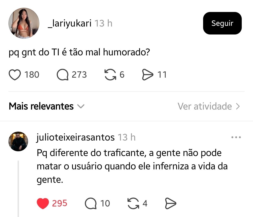 Cardoso's tweet photo. Quatro advogados, incluindo um futuro Juiz me ENCHERAM O SACO pq o computador não ligava e eles "não tinham mexido em nada".

O computador estava do outro lado da sala. Eles mudaram sem pedir pra TI. O defeito? A tomada do estabilizador estava ligada no estabilizador.

Usuário é uma desgraça...