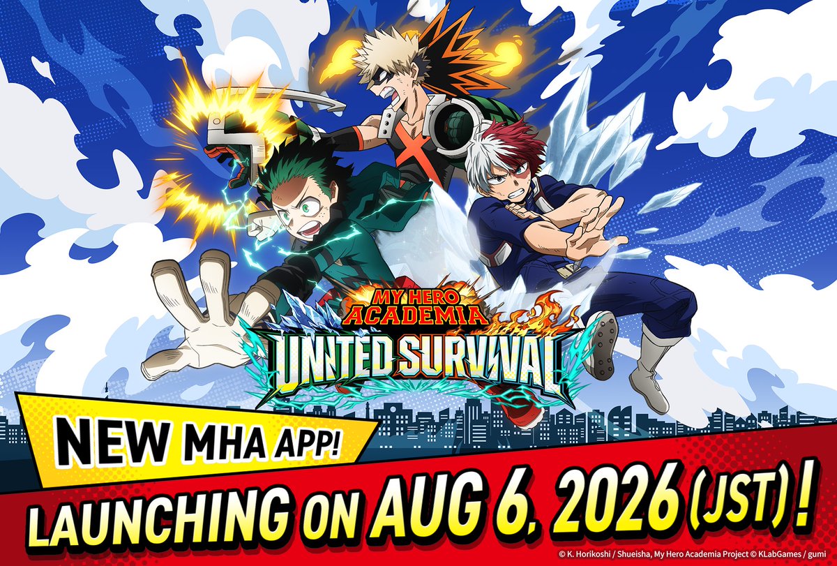KLab_EN's tweet photo. New "My Hero Academia" Game App "My Hero Academia UNITED SURVIVAL" Set for August 6 Launch! Pre-Registrations Achieve 700,000--Additional Rewards Confirmed!
https://t.co/Lhl3vGv64U
@MHA_HS_en https://t.co/PX7ExCTXeK