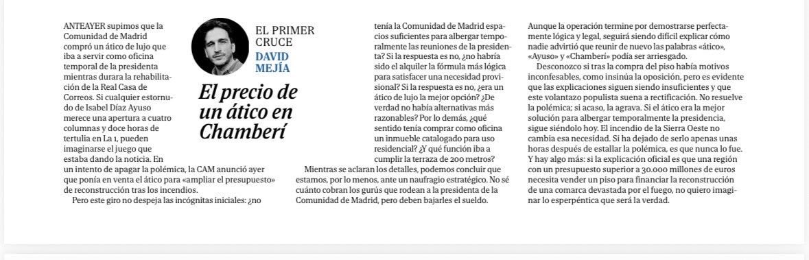 MorenoG_Agustin's tweet photo. Va a ser verdad que lo del ático de Ayuso es fuego amigo si El Mundo publica esto👇🏾

Si una región con 30.000 M€ de presupuesto “necesita vender un piso para financiar la reconstrucción de una comarca devastada por el fuego, no quiero imaginar lo esperpéntica que será la verdad” https://t.co/7XiwSASKc1