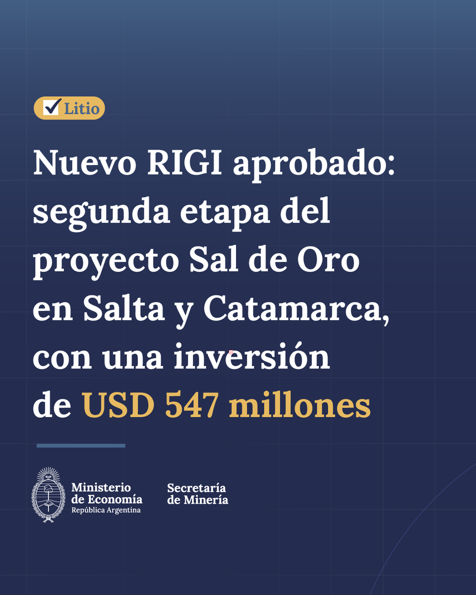 MinEconomia_Ar's tweet photo. SE APROBÓ EL INGRESO AL RIGI DE LA SEGUNDA ETAPA DEL PROYECTO SAL DE ORO

El Comité Evaluador aprobó el ingreso de la segunda etapa del proyecto de litio Sal de Oro, desarrollado por la empresa Posco en Salta y Catamarca.

Con una inversión de USD 547 millones, el proyecto permitirá producir 23.000 toneladas anuales de carbonato de litio y generará exportaciones por más de USD 300 millones al año.

La nueva etapa de Sal de Oro fortalecerá el desarrollo de la cadena del litio, sumando la producción de carbonato de litio al hidróxido de litio que ya producía. Estos son dos compuestos de alto valor agregado que potencian la generación de divisas para el país.