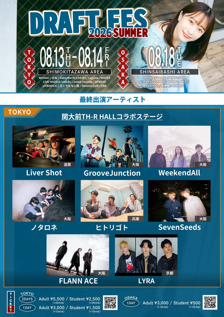 DRAFTFES's tweet photo. 【🏅最終出演者解禁🏅】

関大前TH-R HALLコラボステージ解禁‼️

2026.08.13(thu)~14(fri)@下北沢複数会場
『DRAFT FES 2026 SUMMER in TOKYO』
🎫▶︎https://t.co/tM0JYgg4QZ

2026.08.18(tue)@心斎橋複数会場
『DRAFT FES 2026 SUMMER in OSAKA』
🎫▶︎https://t.co/An6aIAapFc https://t.co/2hPsQ5EY6Y