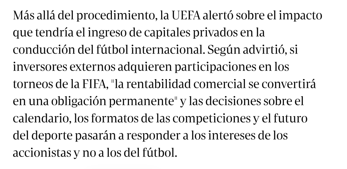 martin_caparros's tweet photo. La UEFA tiene muy claro que si FIFA privatiza el fútbol mundial el beneficio privado importará más que el fútbol -porque los inversores querrán rentabilidad.
Con el fútbol parece fácil de entender.
¿Y con la salud, la educación, la jubilación...?
¿En serio no lo entienden? https://t.co/aNTF6O83Oy